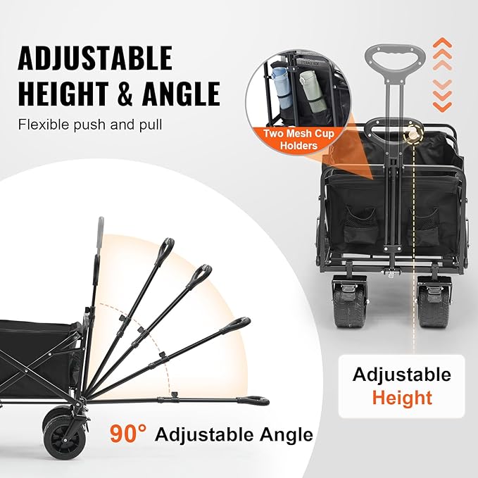 VEVOR 350lbs Collapsible Foldable Wagon Cart, Heavy Duty Foldable Utility Beach Wagon with Big Wheels, Portable Grocery Camping Cart with All Terrain Wheels and Drink Holder