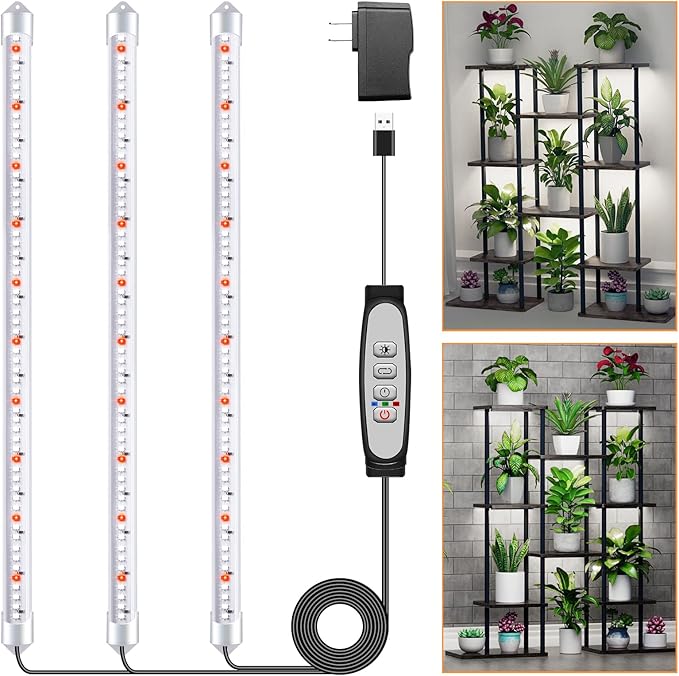 Tri-Bars Grow Light Strips for Indoor Plants with Auto ON/Off Timer 6/12/18H, 5 Dimmable Levels for Shelves Plant Growing(Pack 1)