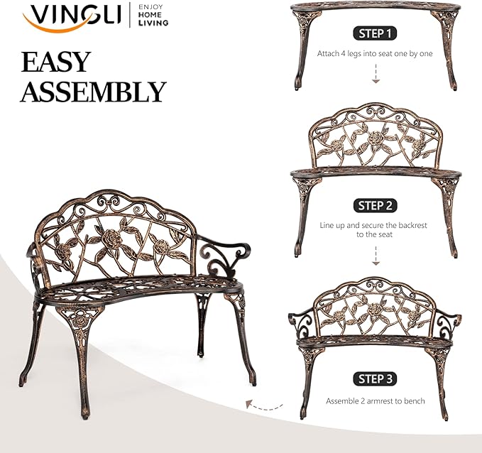 VINGLI 38.5" Patio Park Garden Outdoor Metal Rose Bench,Cast Iron Cast Aluminium Frame Antique Finish Chair,Accented Lawn Front Porch Path Yard Decor Deck Furniture for 2 Person Seat（Bronze