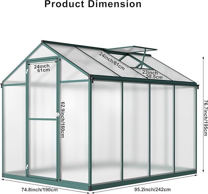 Greenhouse for Outdoors 8 x 6.25 Ft, Polycarbonate Greenhouse with Lock, Roof Windows Vent and Rain Gutter, Aluminum Large Walk-in Green Houses, for Patio Garden Backyard Outside, Green