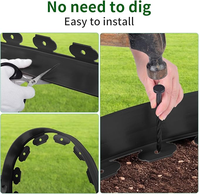 2 in x 40 Ft Garden Landscape Edging, No Dig Garden Edging Border Kit with Spikes for Flower Bed Lawn Yard Grass Black