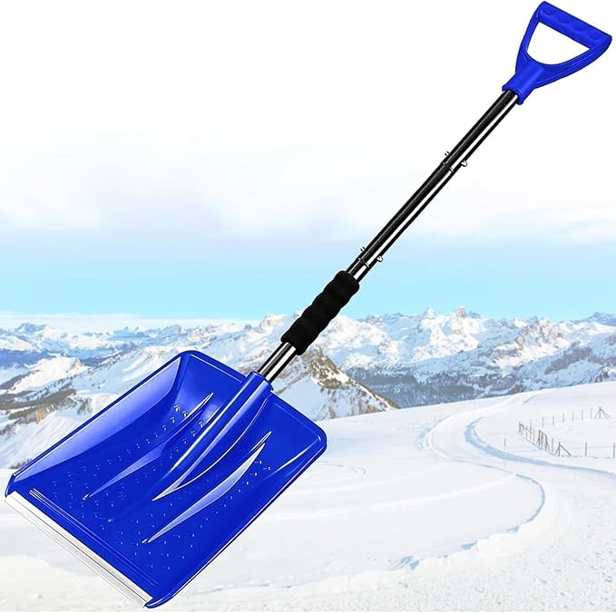 Snow Shovel for Car & Driveway, Upgraded 42.5" Lightweight Aluminum Alloy Shovel, Portable Foldable Snow Shovel for Emergency, Garden, Snow Removal, Heavy Duty Ice Shovel with Ergonomic Handle (Blue)