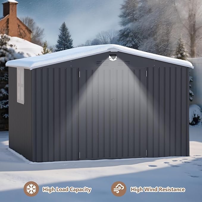 10x8 FT Outdoor Storage Shed, Metal Garden Shed - Tool Storage Sheds with Lockable Doors & 1 Clear Window, Waterproof Outside Storage Building for Backyard, Patio (Black; Floor Not Included)