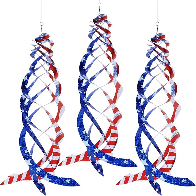 Hausse Patriotic Bird Repellent Spiral Reflectors Mylar Spinner, Hanging American Flags Reflective Bird Deterrent Device for 4th of July Independence Day, Scare Birds Animal Away, 3 Pack