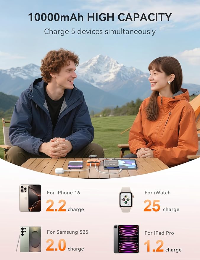 Portable Power Bank, 10000mAh 22.5W Fast Charging Phone Charger with Built-in Cables, Travel Essential Battery Pack with LED Display, Keychain Battery Bank for iPhone, iWatch 10/9/8/7/6/SE/5/4 Orange