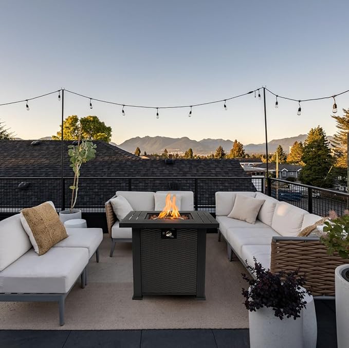 28'' Propane Fire Pit Table, 50,000 BTU Fire Table with Steel Lid, Big Legs, Laval Rocks.