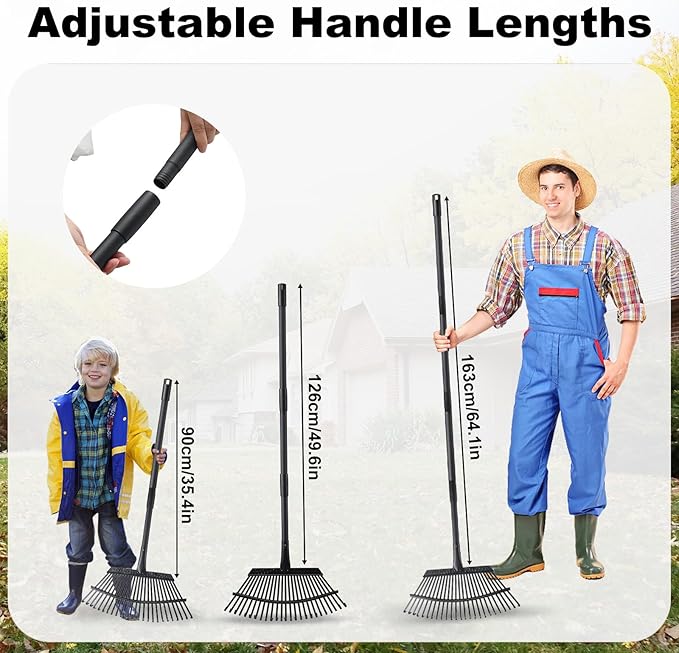 Rake for Leaves, 25 Metal Tines Wide Leaf Rake, 60'' Leaf Rakes for Lawns with Adjustable Steel Handle for Camping Flower Beds Mulch Shrub, Black