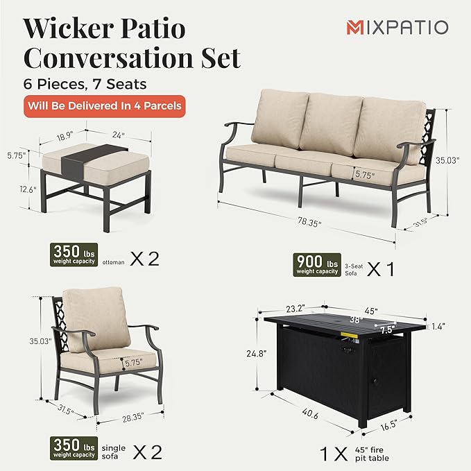 Patio Furniture Set, 6 Pcs Metal Outdoor Conversation Set, 2 Single Chairs, 2 Ottomans and 3 Seater Sofa with 5.75" Extra Thick Cushion and Gas Fire Pit Table, Beige