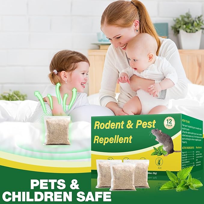 Rodent Repellent, 12 Pack Natural Mouse Repellent Pouches - Peppermint Oil to Repel Rodents Rats Squirrel, Outdoor Indoor Mice Repellent for House Garage Basement RV Car