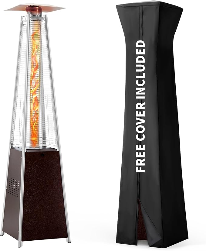 Pamapic Patio Heater, 48,000 BTU Pyramid Flame Outdoor Heater with Cover, Quartz Glass Tube Hammered Bronze Tower Propane Outdoor Heater with Wheels