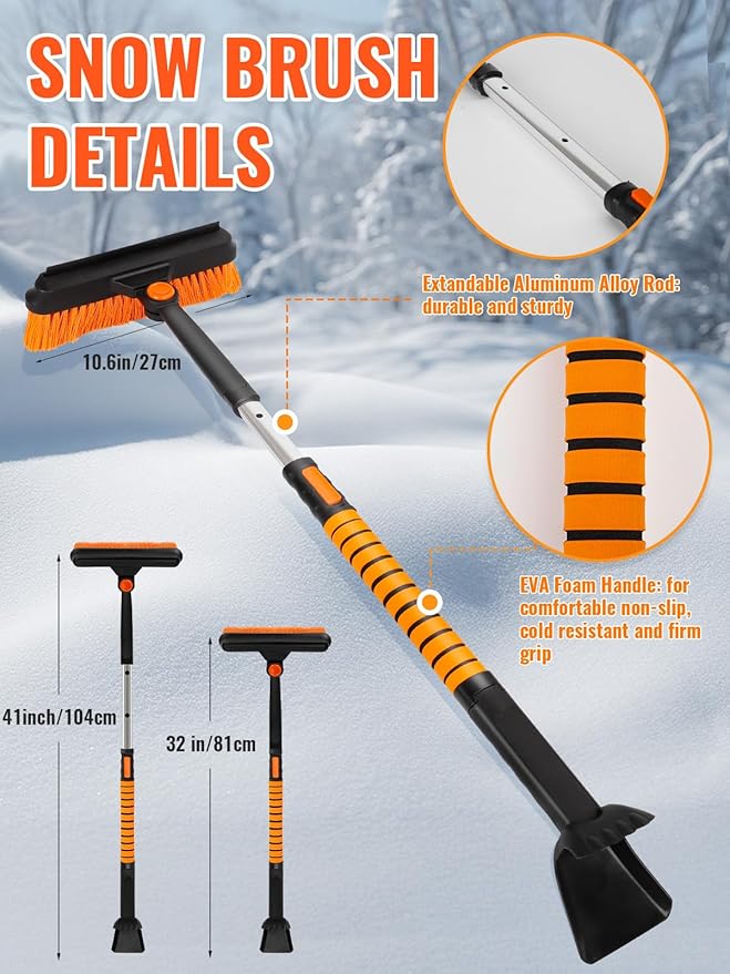 5 in 1 Multi-Functional Snow Brush Ice Scraper and Shovel Kit with Detachable Ergonomic Foam Grip for Car Automobile Vehicle Window SUV Truck Windshield Patios Driveways Sidewalks Winter Snow Removal