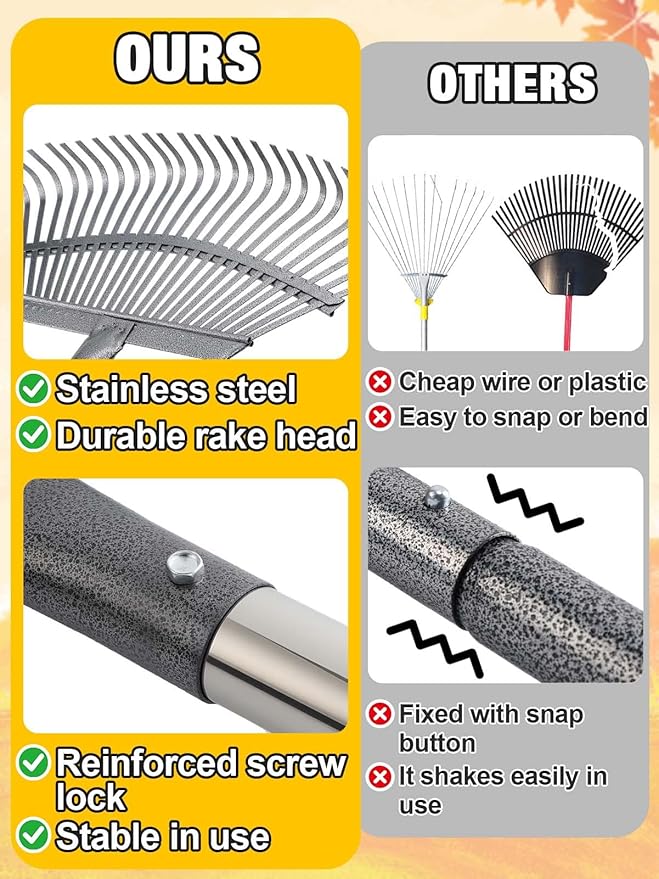 42" to 75" Adjustable Heavy-Duty Metal Leaf Rake with 25 Tines, Includes 40 Gal Reusable Dustpan-Type Lawn Bag