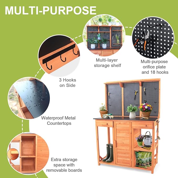 Outdoor Potting Bench,Wooden Potting Table with Metal Tabletop,Garden Work Bench with Drawer and Free Matching Storage Cabinet Shelf/Hooks for Backyard,Patio,Greenhouse (Black, 40 * 59 * 20in)