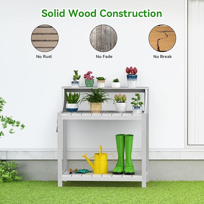 Premium Wood Potting Bench Table with Storage & Hooks - Durable All-Weather Garden Workstation for Patio, Deck & Yard - 360 lbs Capacity, Rust & Fade Resistant