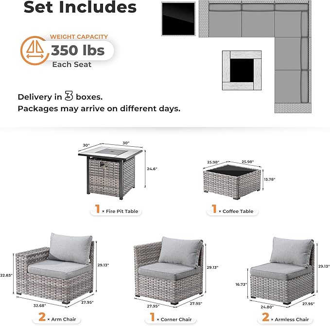 ovios 7 Pieces Patio Furniture Set, Outdoor Wicker Sectional Sofa with 30 Inch Fire Pit Table Comfy Cushions, Modern Modular Deep Seat Rattan Couch Conversation Set, Dark Grey