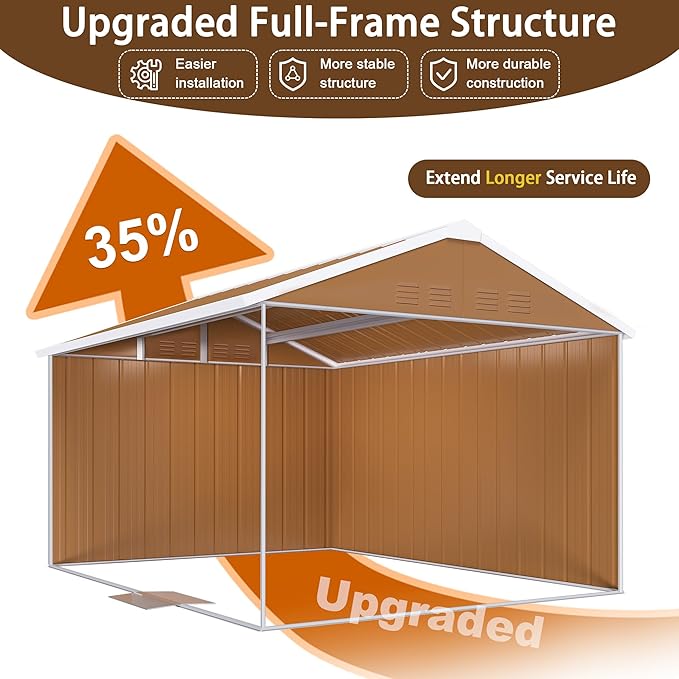 12x8 FT Outdoor Steel Storage Shed with Clear Windows, Sliding Lockable Door & Ventilation, Brown and White Weather-Resistant Metal Tool Shed for Garden, Backyard, Lawn, and Utility Storage
