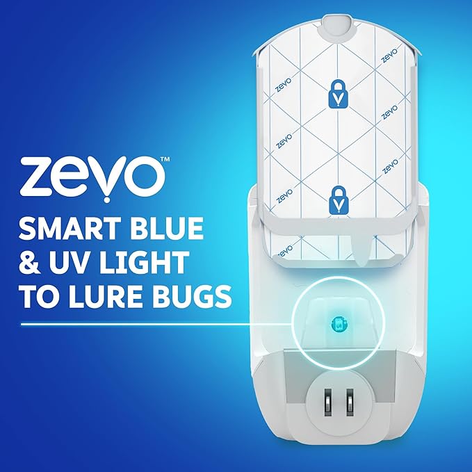 Zevo Flying Insect Trap & 3 Refill Cartridges - Plug in Fly Trap & Indoor Bug Catcher for Gnats, House & Fruit Flies - Blue & UV Light Technology, Mess-Free Alternative to Bug Zapper
