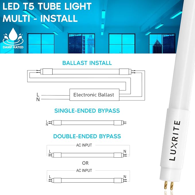 LUXRITE 12-Pack 4FT T5 LED Tube Lights, Type A+B, 24W=54W, 4000K Cool White, 45.78", Ballast and Ballast Bypass Compatible, Single or Double End Powered, F54T5 Fluorescent Replacement, Damp Rated