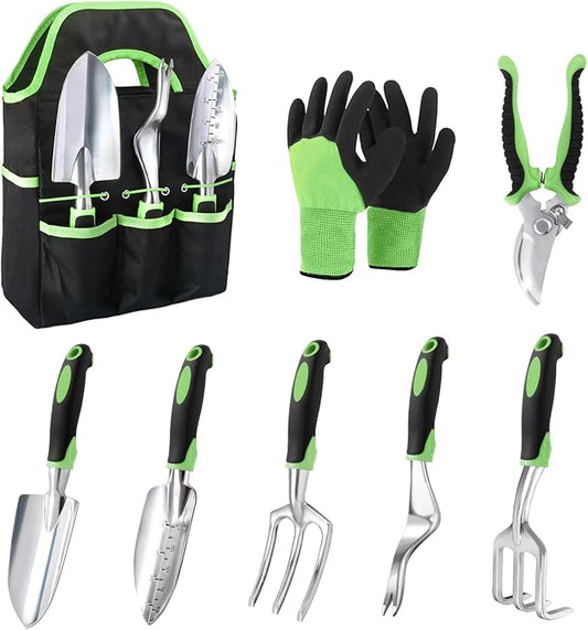 Garden Tools Set, 8 Piece Gardening Tools Set with Non Slip Ergonomic Handle, Heavy Duty Garden Tool Set with Storage Bag, Gardening Kit for Women, Garden Hand Tools Gift, Green