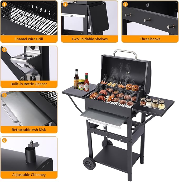 CIG GARDEN 20-Inch Charcoal Grill with 2 Foldable Side Tables,Portable Grill Charcoal with 330 Sq.In.Cooking Area,Enamel Steel Wiring Charcoal Grill with Pull-out Charcoal Trays for Outdoor Cooking