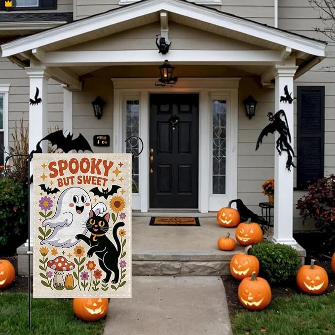 Fokongna Spooky But Sweet Halloween Garden Flags, Cute Ghost Black Cat Halloween Decor Flag, 12x18 Inch Burlap Vertical Double Sided Flags, for Home Yard Outside Decorations