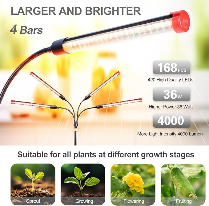 Gamechanger! 36W 4Head Grow Light with Tripod Stand, FECiDA 2025 Big Coverage LED Grow Lights for Indoor Plants, Bonsai Tree, Full Spectrum Tall Plant Growing Lamp 4,8,12,16 Hr Timer