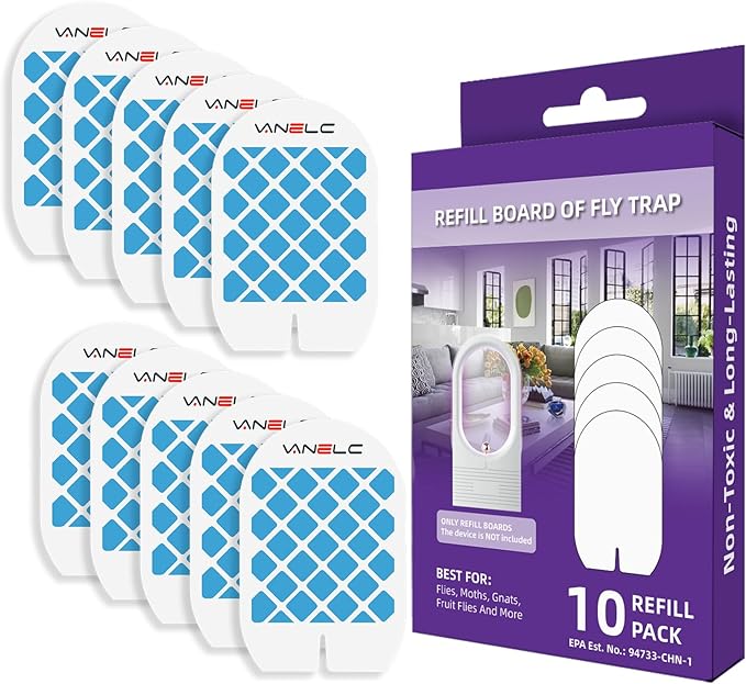 10 Pack Refills for Flying Insect Trap, Indoor Fly Trap for Moth, Gnat Killer Indoor, Bug Killer (Device Not Included) (Refill - 10 Double Sided Glue Cards)