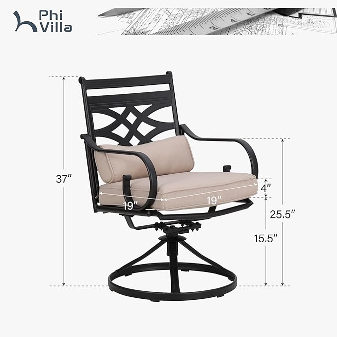 PHI VILLA Patio Dining Chairs Set of 4, Outdoor Swivel Chairs with Cushion and Pillow for Garden Lawn and Deck