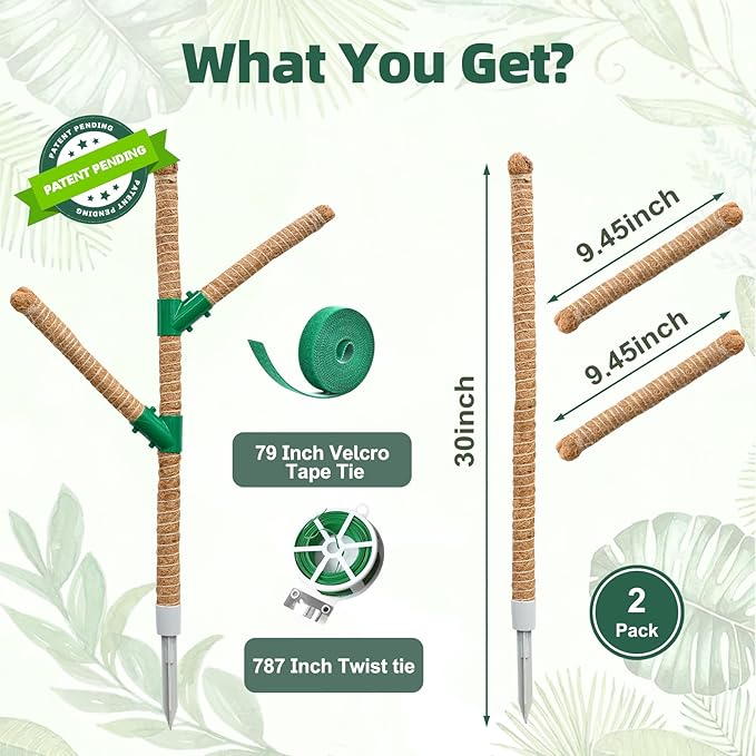 Moss Pole 30 Inch, 2 Pack Monstera Plant Support, Bendable Plant Stakes for Indoor Plants, Plant Sticks Support Tall，Coco Coir Plant Poles for Climbing Plants, Pothos, Philodendron