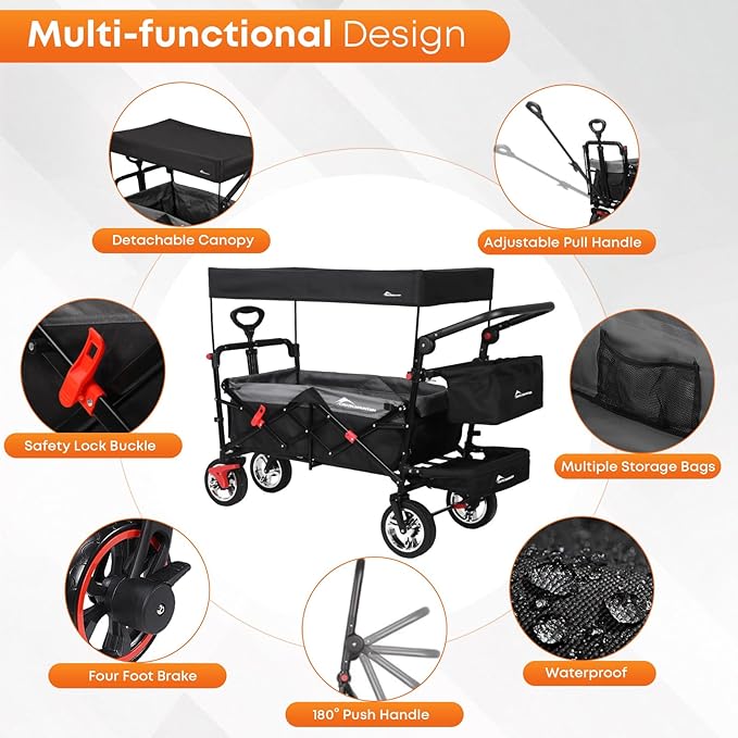 Wagon Cart with Removable Canopy,Collapsible Foldable Wagon, Heavy Duty Utility Outdoor Foldable Garden Cart with Wheels, Adjustable Handle, Outdoor Utility Wagon, Black