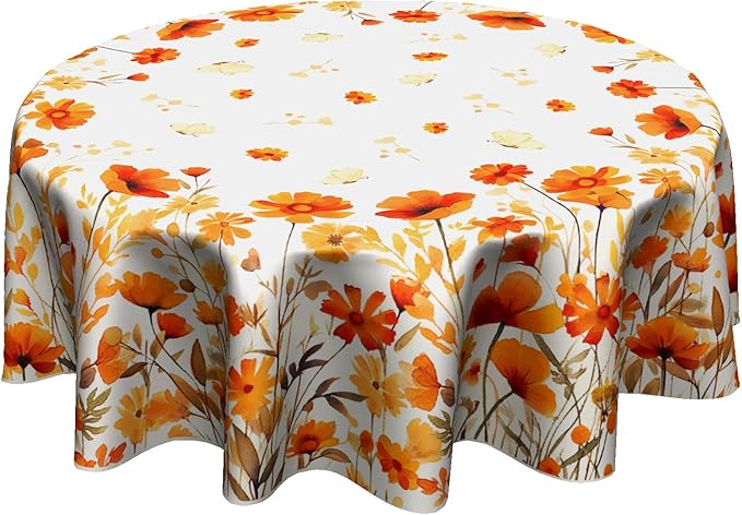 Giwawa Fall Floral Round Tablecloth 60 Inch,Watercolor Orange Wildflowers Autumn Reusable Washable Polyester Table Cover Seasonal Indoor Outdoor Dining Decorations for Home Party Picnic