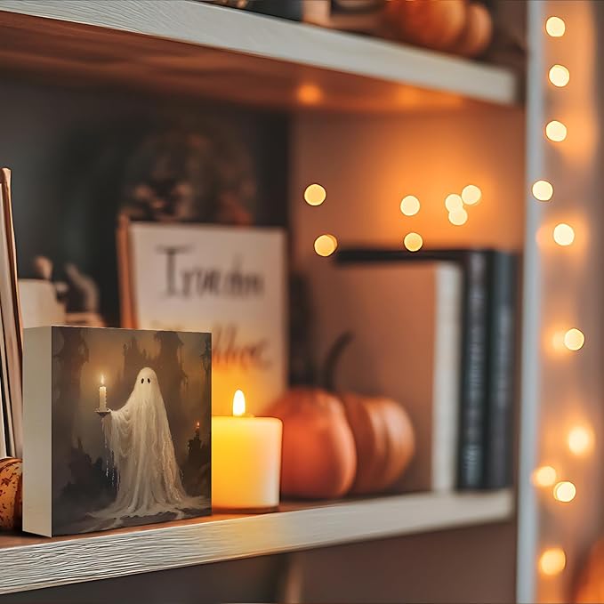 Mtrgdn Cute Halloween Decor,Spooky Ghost Desk Decor Wooden Box Sign,Halloween Home Office Kitchen Bathroom Bedroom Coffee Bar Party Table Shelf Wall Decorations,5x5 Inch