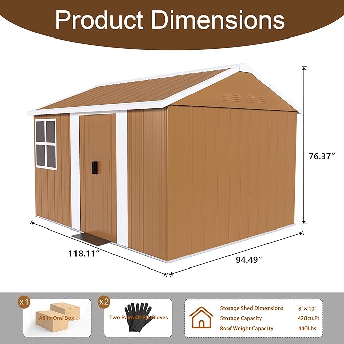 10x8 FT Outdoor Steel Storage Shed with Clear Windows, Sliding Lockable Door & Ventilation, Brown and White Weather-Resistant Metal Tool Shed for Garden, Backyard, Lawn, and Utility Storage