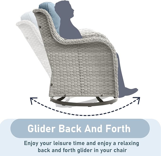 Wicker Outdoor Conversation Set-6 Pieces Outdoor Wicker High Back Couch with Swivel Rocker Chairs Patio Furniture for Deck Poolside Backyard-Light Grey/Light Blue