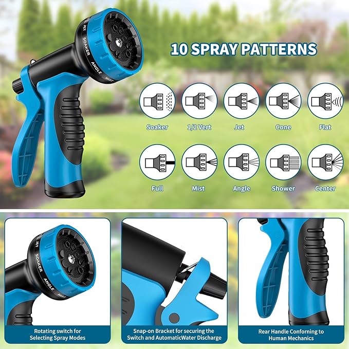 50FT Water Hose with 10 Functions, Adjustable Spray Nozzle, Flexible Durable No Kink Leak Dog Proof Stainless Steel Garden Hose 50FT for Yard Lawn