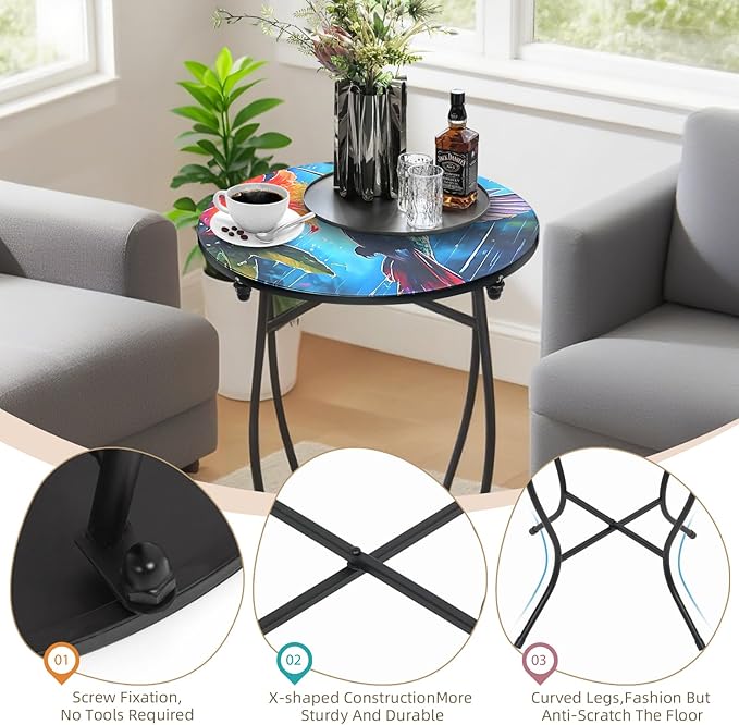 Outdoor Side Tables for Patio, 21" High Round End Table, Weather Resistant Metal Patio Accent Table Indoor and Outdoor End Table for Yard, Garden, Living Room, Bistro, Halloween (Hummingbird)