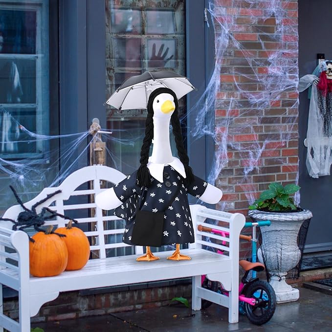 Halloween Porch Goose Outfits, Halloween Addams Black Dress Goose Outfits for 23” Porch Goose Statue, Outdoor Decoration for Porch Yard and Patio
