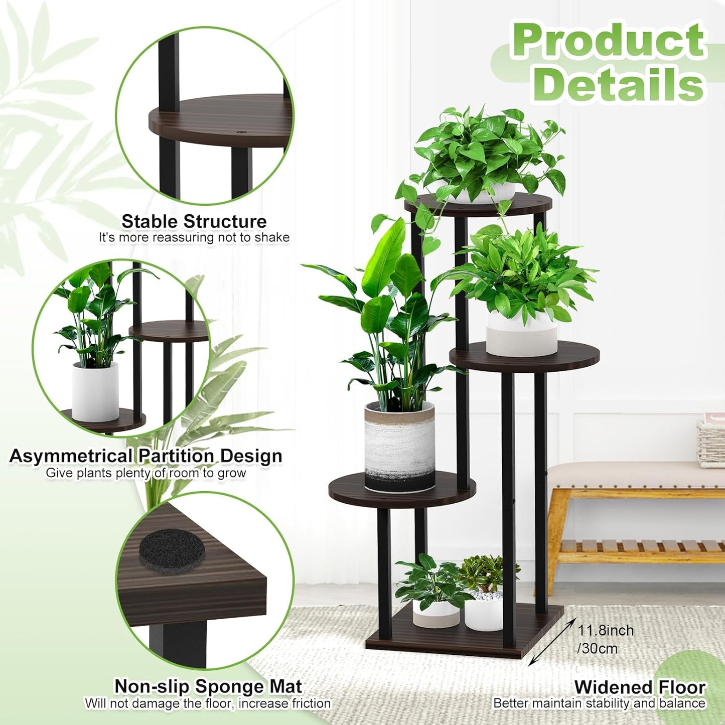 4 Tier Wood Tall Plant Stand Metal Rack Indoor, Multiple Flower Pot Holder Shelves Corner Rack, Round Planter Shelf Display Rack Storage Organizer for Patio Living Room Balcony(Black Oak)
