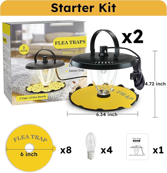 Flea Trap for Inside Your Home Indoor Electric Flea Light Catcher and Kiler for House 2 Pack with 8 Sticky Pads Refills and 4 Replacement Lightbulb