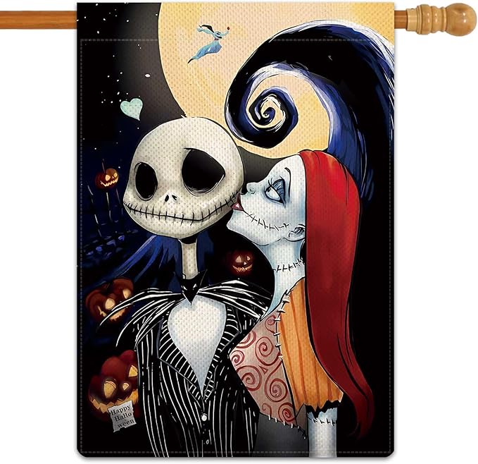 Halloween Ghost Garden Flag The Nightmare Garden Flag Sally Kisses Jack Vertical Double Sided Rustic Farmland Burlap Yard Lawn Outdoor Decor 28x40"