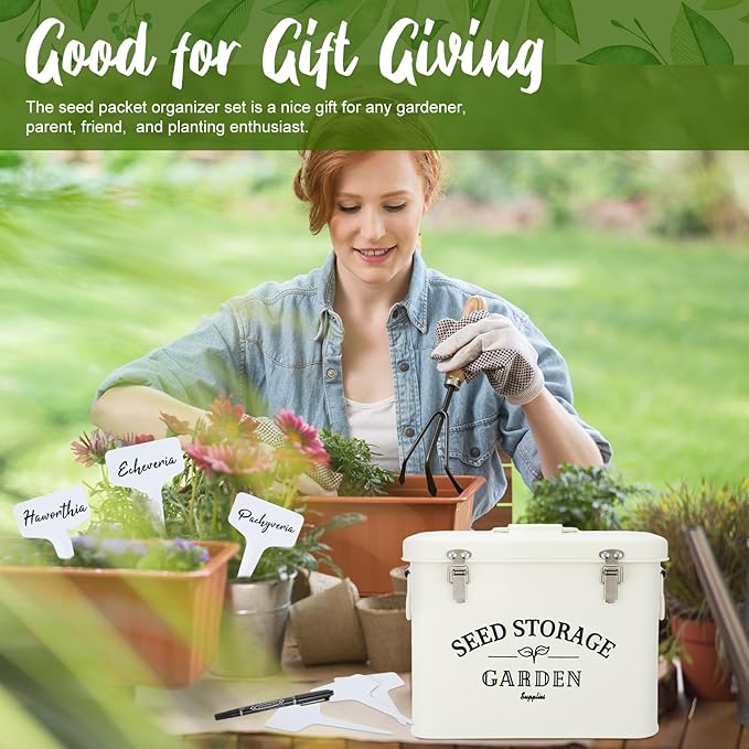 Maitys Seed Storage Container Box with Lid Garden Seed Packet Storage Organizer Decorative with Dividers and 100 Plant Labels 50 Seeding Envelopes 2 Marker Pens(Stylish,8.5 x 5.5 x 6.7)