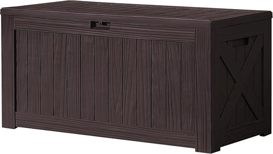 Devoko 120 Gallon Deck Box Resin Outdoor Storage Box Waterproof for Patio, Large Outdoor Storage Bench Lockable for Outside (Deep Brown)