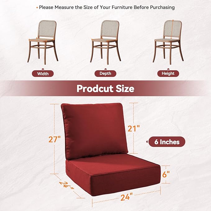 Luxury 6" Outdoor Cushions for Patio Furniture, 24x24x6 Thick Seat Cushion Set of 3, Fade Resistant Couch Chair Replacement Cushions High Density Deep Wicker Chair Cushion w/Removable Cover, Red