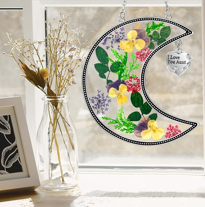 KY&BOSAM Moon Suncatcher I Love You Aunt Stained Glass for Window Hangings Wind Chimes Decor with Pressed Real Flower and Metal Charm Birthday Gift for Women Aunt Mother`s Day Christmas