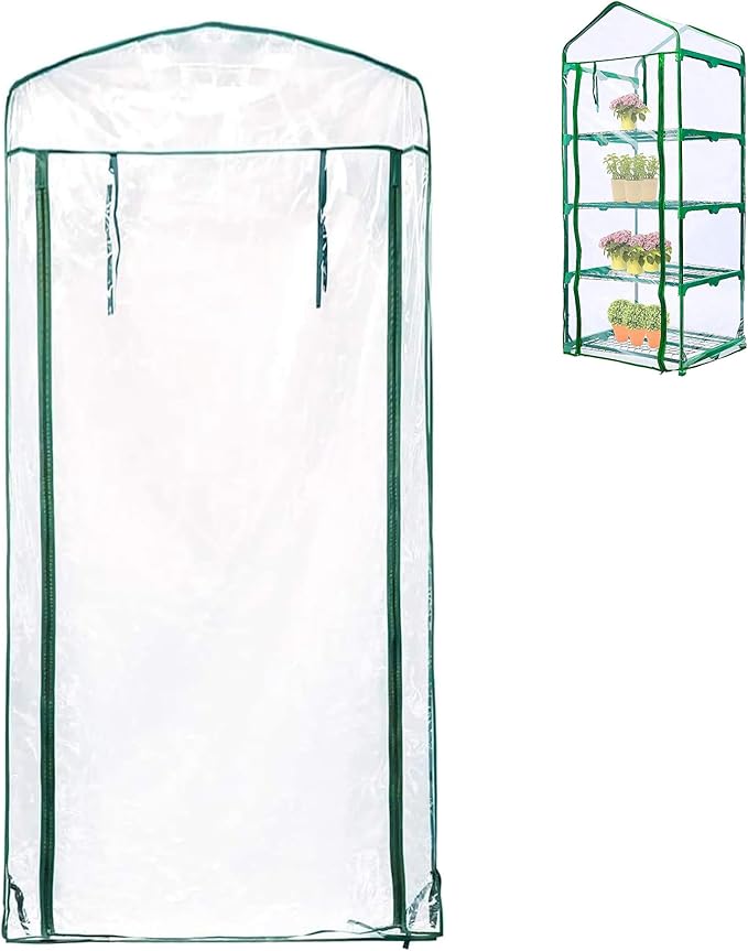 4 Tier Roll-Up Zipper Door Greenhouse Replacement Cover- 63 x 27 x 19 Inch Clear PVC Plant Greenhouse Cover for Gardening Plants Cold Frost Protection Wind Rain Proof (Frame NOT Include)