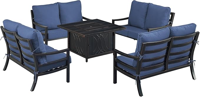 Oakland Living Black Aluminum Patio Fire Table Set with Four Deep Seating Loveseat with Cushions with Blue Cushions