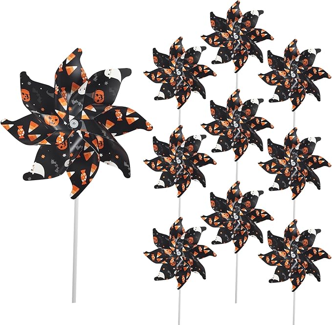 10 Pack 15.35 lnches Windmill Outdoor Halloween Decorations Applied to Lawn, Yard, Garden, Farm ，As Well As Decor Indoor Pinwheels Toy - Orange Black Wind Spinners（Candy/Ghost）