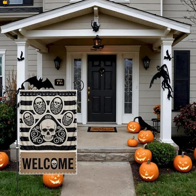 Fokongna Halloween Welcome Garden Flag, Dog Paw Print Skeleton Halloween Decor Garden Flag, 12x18 Inch Burlap Vertical Double Sided Flags, for Home Yard Outside Decorations