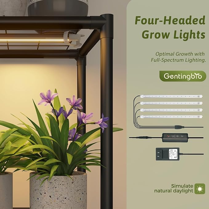 Corner Plant Stand With Grow Lights Plant Stand Indoor Plant Shelf Metal Plant Rack Plant Holder Flower Pot Stand for Multiple Plants for Living Room Patio Balcony Garden Porch Black