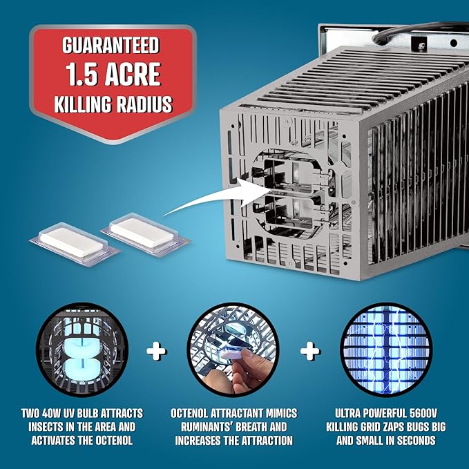 Flowtron Bug Zapper, 1-1/2 Acre of Outdoor Coverage with Powerful 80W Bulb & 5600V Instant Killing Grid, Electric Insect, Fly & Mosquito Zapper, Made in The USA, UL Certified - Grey Color